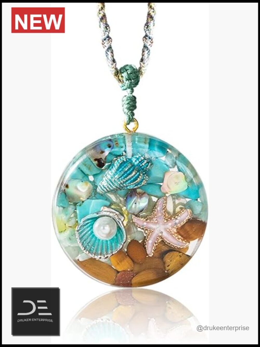 Ocean-Inspired Pendant Necklace With Conch, Starfish, Turquoise - Adjustable